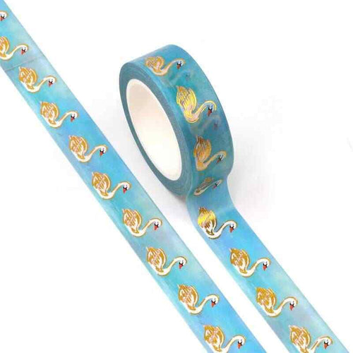 Gold Foil Swan Washi Tape, Blue and Gold Bird Decorative Tape