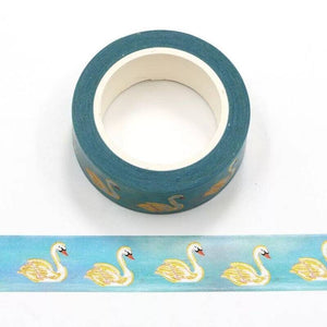 Gold Foil Swan Washi Tape, Blue and Gold Bird Decorative Tape