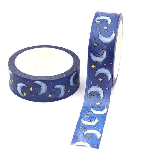 Gold Foil Stars & Moon Washi Tape, Blue and Gold Celestial Decorative Tape