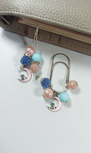 Pink Crescent Moon Planner Dangle Jewellery, Pink & Blue Cat Planner Charm, Plan