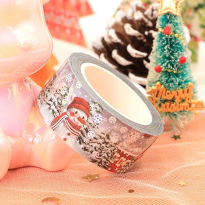 Silver Foil Winter Washi Tape, Blue & Red Snowman Foiled Decorative Planner Tape