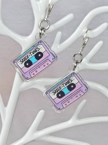 Pastel Goth Skele-tunes Cassette Tape Earrings, Purple Halloween Dangle Earrings
