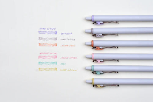 Five Limited Edition Uni-ball One Japanese Taste Pastel Colours - 0.5MM pens are lined up on a white surface.