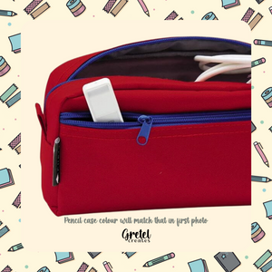 A Red Back to School Japanese Stationery Bundle cosmetic bag with a blue zipper by GretelCreates.