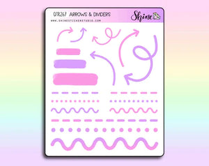 clear arrows & dividers bullet journal stickers - shine sticker studio purple/pink