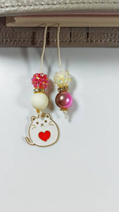 White Cat Planner Dangle Jewellery, Pink Heart Planner Charm, Planner Tails Bookmark
