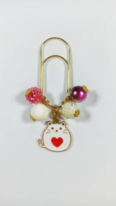 White Cat Planner Dangle Jewellery, Pink Heart Planner Charm, Planner Tails Bookmark