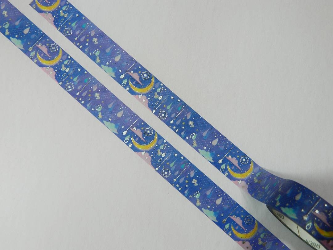 Blue & Gold Celestial Washi Tape, Gold Foil Moon and Stars