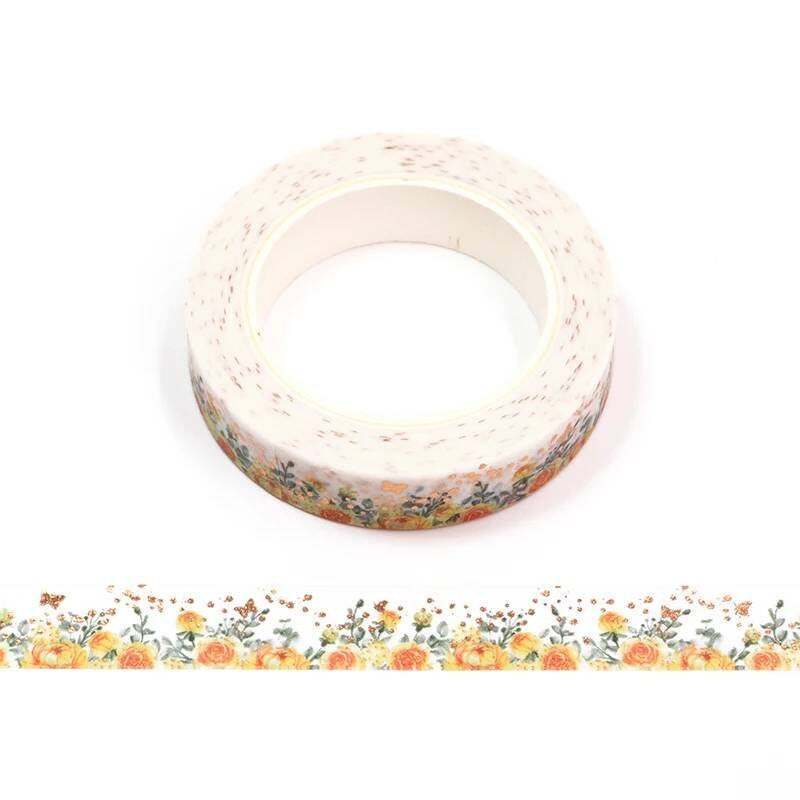 Gold Foil Orange Flower Washi Tape, Butterfly & Rose Decorative Tape
