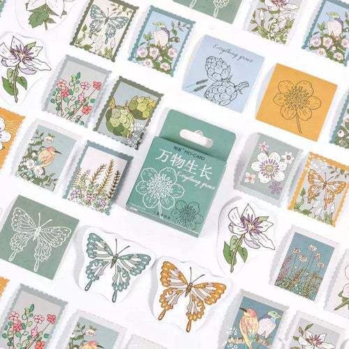 Vintage Style Floral Stamp Stickers, Cute Colourful Bird Sticker Flakes