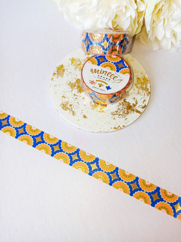 Blue & Orange Mandala Washi Tape, Gold Foil Sunrise Flower Decorative Tape