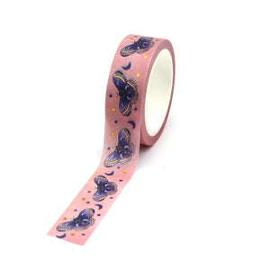 Purple Celestial Moth Washi Tape, Gold Foil Pink Moth Celestial Decorative Tape