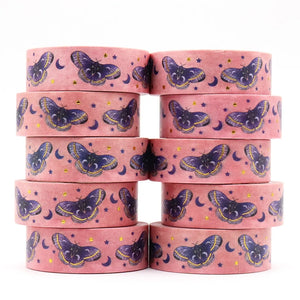 Purple Celestial Moth Washi Tape, Gold Foil Pink Moth Celestial Decorative Tape