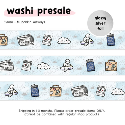 Ready to Ship - Once More With Love - WASHI 15mm - Munchkin Airways + Glossy Silver Foil
