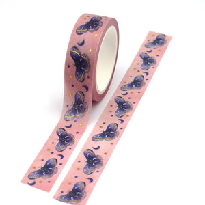 Purple Celestial Moth Washi Tape, Gold Foil Pink Moth Celestial Decorative Tape