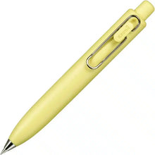 Load image into Gallery viewer, A yellow Uni-Ball One P - Pocket Pen with a metal clip on a white background.