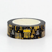 Load image into Gallery viewer, Gold Foil Christmas Village Black Washi Tape