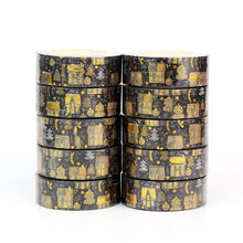 Load image into Gallery viewer, Gold Foil Christmas Village Black Washi Tape