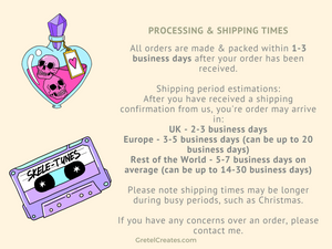 Processing and shipping times for GretelCreates' Fluorine Coated Paper Crafting Scissors - Various Colours.