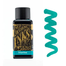 Load image into Gallery viewer, A bottle of Marine Diamine Ink - 30ml next to a green ink line.