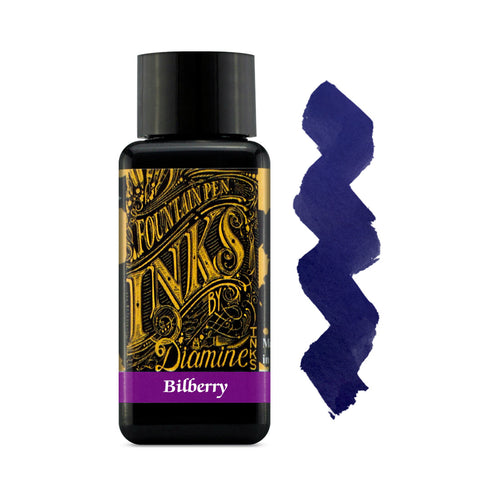 Black Diamine Fountain Pen Ink Bottle with swatch of Bilberry ink