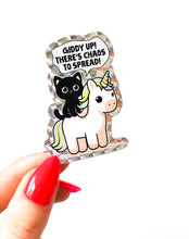 Load image into Gallery viewer, Giddy Up, There&#39;s Chaos to Spread Cute Cat Holographic Sticker - Waterproof Decorative Vinyl Die Cut Sticker