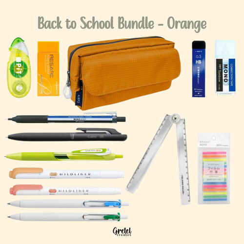 Back to school bundle featuring the Cubix Yellow & Blue Multi Section Pencil Case by M-Plan, perfect for Japanese stationery enthusiasts and journaling supplies.