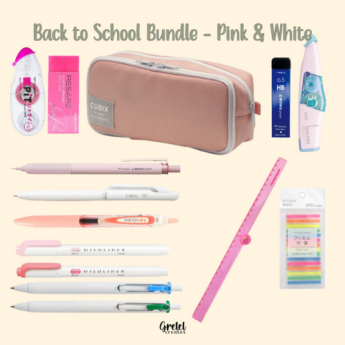 GretelCreates Pink & White Back to School Japanese Stationery Bundle.