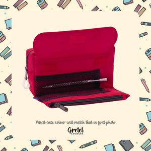 A Dark Pink Back to School Japanese Stationery Bundle by GretelCreates with pens and pencils inside.