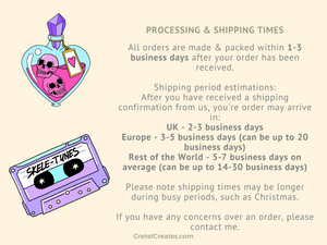 Orders are made and packed within 1 to 3 business days after received. Shipping times vary
UK - 2-3 business days