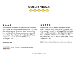 A customer review page for GretelCreates Rating Bullet Journal Stamp on Wooden Block.