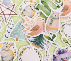 Kawaii Watercolour Winter Animal Scrapbook Deco Stickers, Floral Sticker Flakes