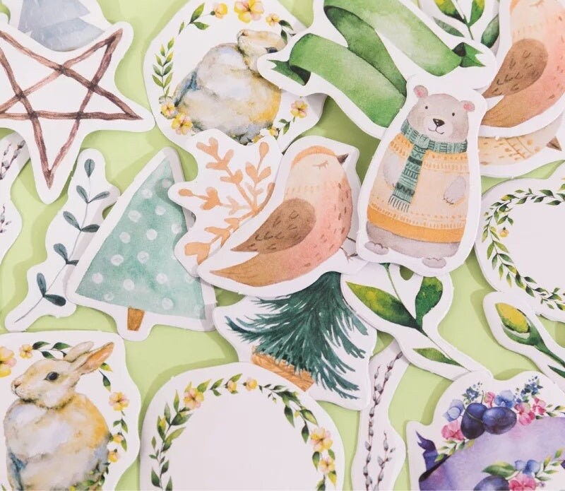 Kawaii Watercolour Winter Animal Scrapbook Deco Stickers, Floral Sticker Flakes