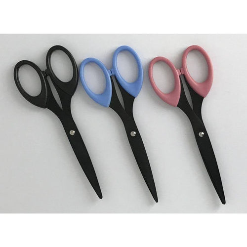 Three pairs of GretelCreates Fluorine Coated Paper Crafting Scissors - Various Colours on a white surface.