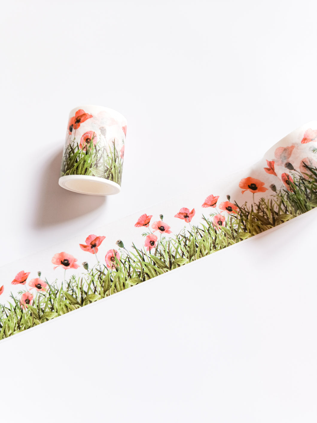 Poppy Field Washi Tape with red poppies on a white surface, GretelCreates 40mm Wildflower Decorative Tape.