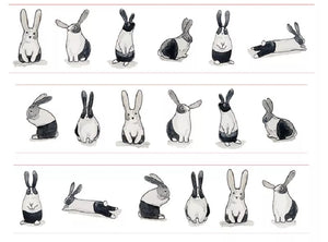 A series of Monochrome Rabbit Washi Tape, 30mm Bunny Decorative Tape by GretelCreates in different poses.