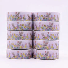 Load image into Gallery viewer, Six rolls of Gold Foil Spring Bunny Washi Tape and Spring Daffodils &amp; Tulips Decorative Tape by GretelCreates with flowers on them.