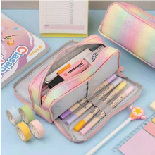 Load image into Gallery viewer, colourful large capacity triple pocket pencil case rainbow glitter