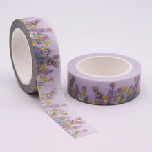 Load image into Gallery viewer, A roll of Gold Foil Spring Bunny Washi Tape with Spring Daffodils &amp; Tulips on it, by GretelCreates.