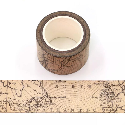 A roll of GretelCreates Wide Vintage Style Map Washi Tape with a map on it.