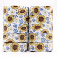 Load image into Gallery viewer, A stack of Gold Foil Sunflower Washi Tape and Blue &amp; White Flower Decorative Tape by GretelCreates on a white background.