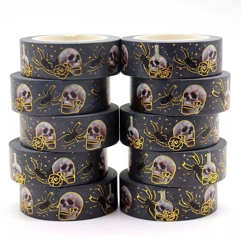 gold foil skull washi tape, halloween spider decorative journal tape