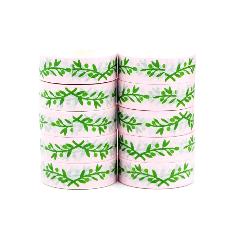 pink & green leaf garland washi tape, pink and green decorative tape