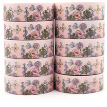 Load image into Gallery viewer, A stack of Gold Foil Summer Flowers Washi Tape with flowers and butterflies on it, brand name GretelCreates.