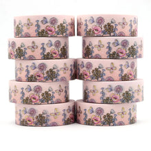 Load image into Gallery viewer, A stack of Gold Foil Summer Flowers and Pink Daisy Decorative washi tape with flowers and butterflies from GretelCreates.