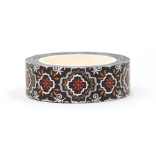 Load image into Gallery viewer, Black &amp; Silver Foil Geometric Floral Washi Tape, Moroccan Tile Style Decorative Tape