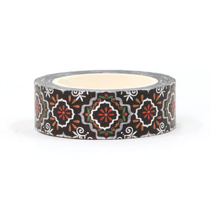 Black & Silver Foil Geometric Floral Washi Tape, Moroccan Tile Style Decorative Tape