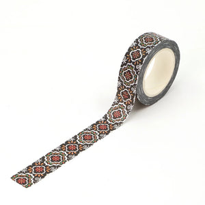 Black & Silver Foil Geometric Floral Washi Tape, Moroccan Tile Style Decorative Tape