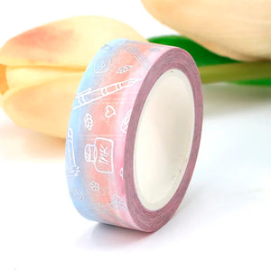 Blue & Pink Ombre Stationery  Washi Tape, Silver Foil Decorative Tape