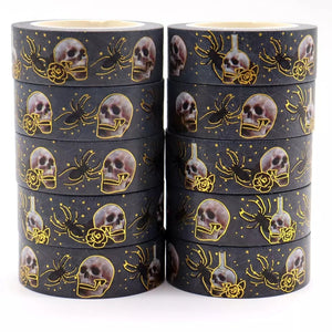 gold foil skull washi tape, halloween spider decorative journal tape